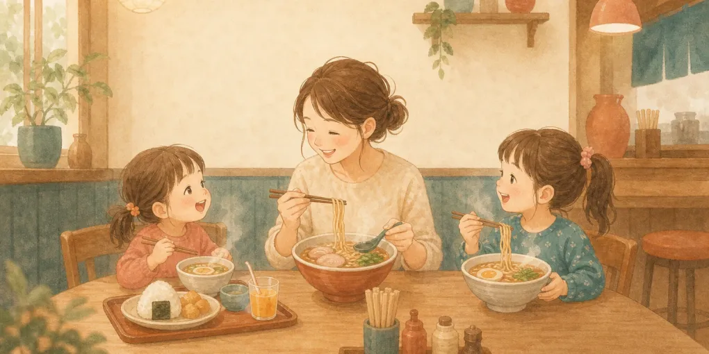 麺屋伍利羅（ゴリララーメン）コマーシャルモール博多店を子連れで訪れたイメージのイラスト