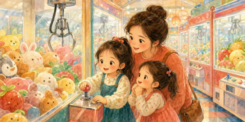 アミューズメントパーク万代 宗像店を子連れで訪れたイメージのイラスト
