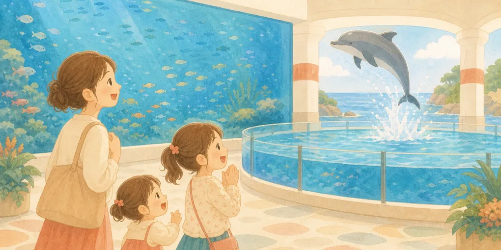 マリンワールド海の中道を子連れで訪れたイメージのイラスト