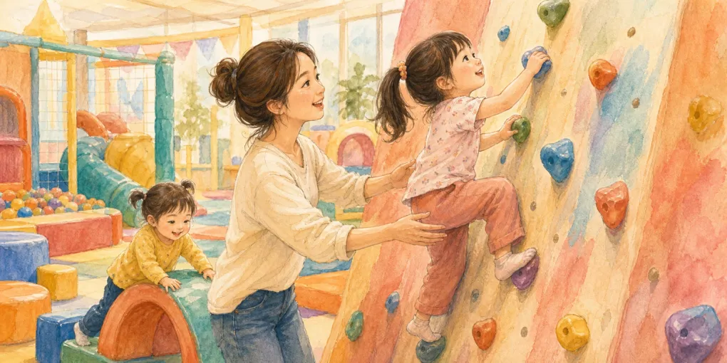 BOAT KIDS PARK モーヴィからつを子連れで訪れたイメージのイラスト