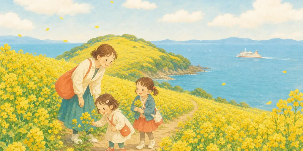 のこのしまアイランドパークを子連れで訪れたイメージのイラスト